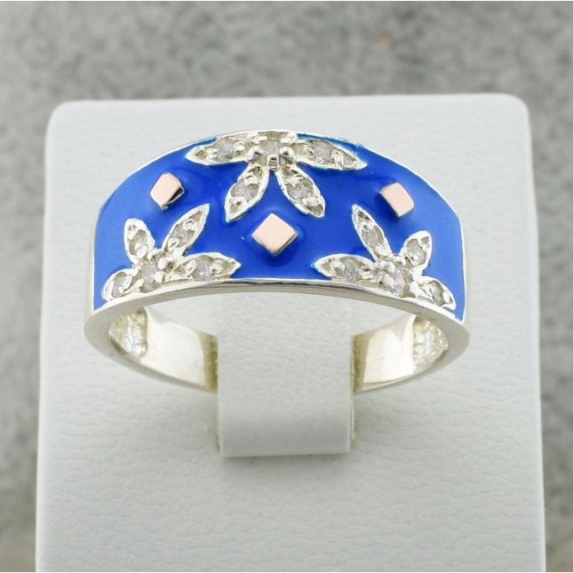 Кольцо серебряное женское с золотом Фатима размер 17 вставка голубая эмаль вес 4 г