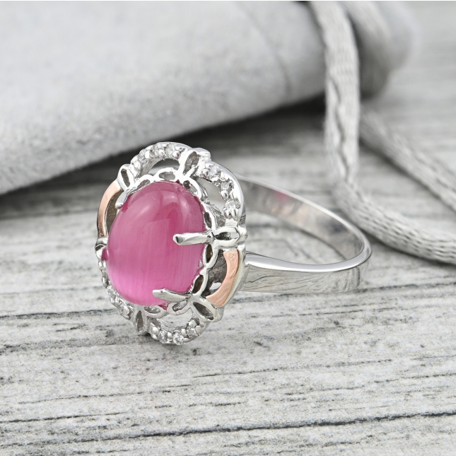 Кольцо серебряное женское с золотом ps250r вставка розовый улексит